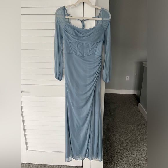 Azazie Charissa Dusty Blue Corset Pleated Mesh Dress - Picture 4 of 4